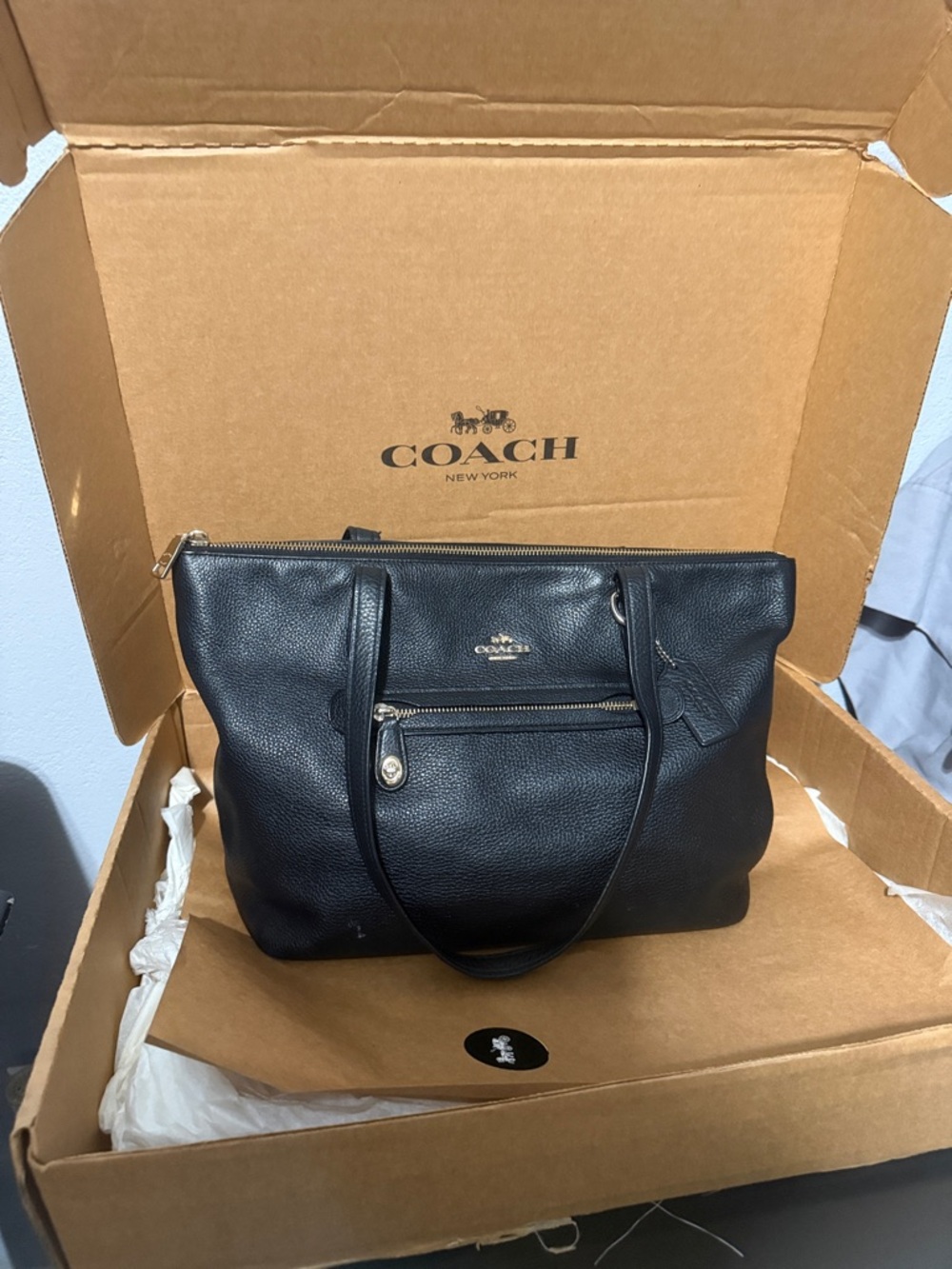 Coach Black Pebbled Leather Tote with Gold Accent
